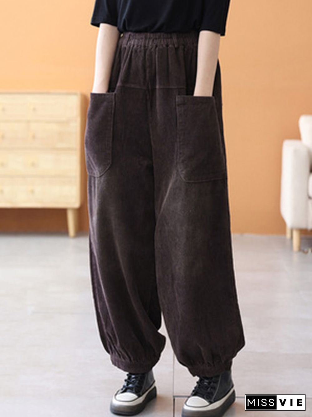 Loose Elasticity Solid Color Casual Flared Pants Bottoms