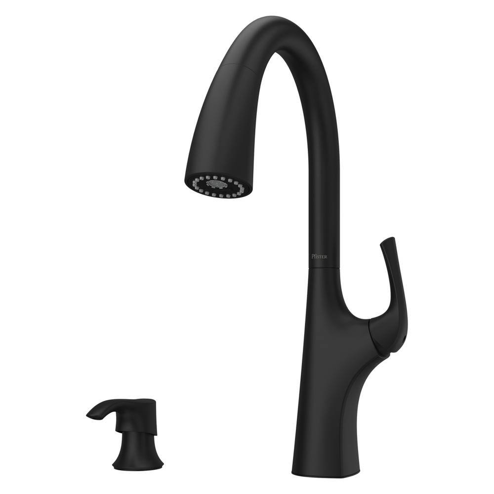 Pfister Ladera Single Handle Pull Down Sprayer Kitchen Faucet with Soap Dispenser in Matte Black F-529-7LRRB