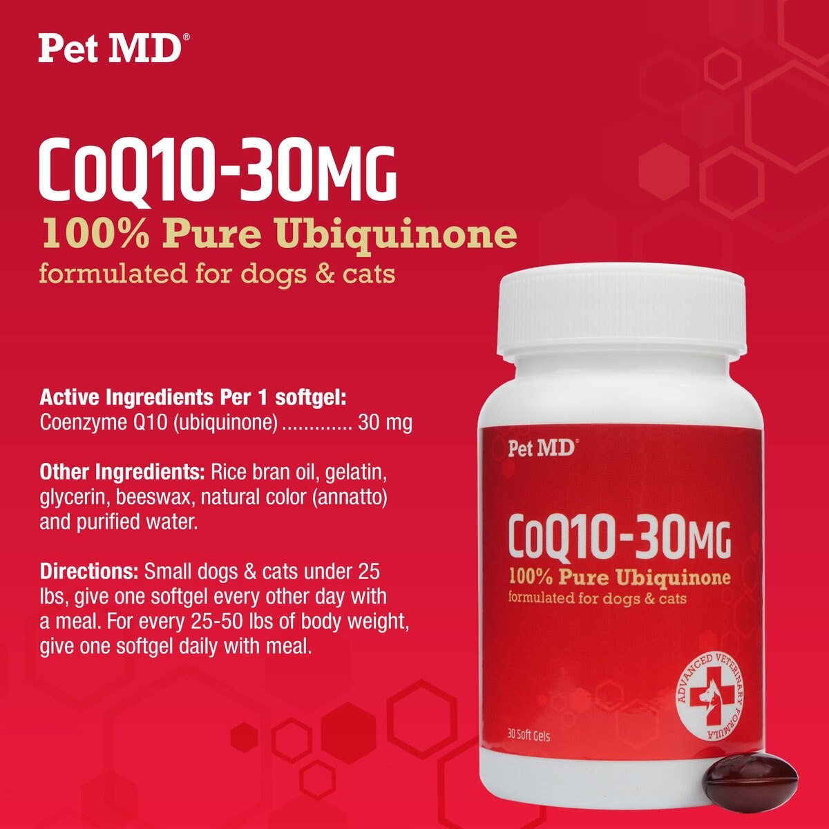 Pet MD CoQ10-30MG 100% Pure Ubiquinone Cat and Dog Supplement， 30 Count