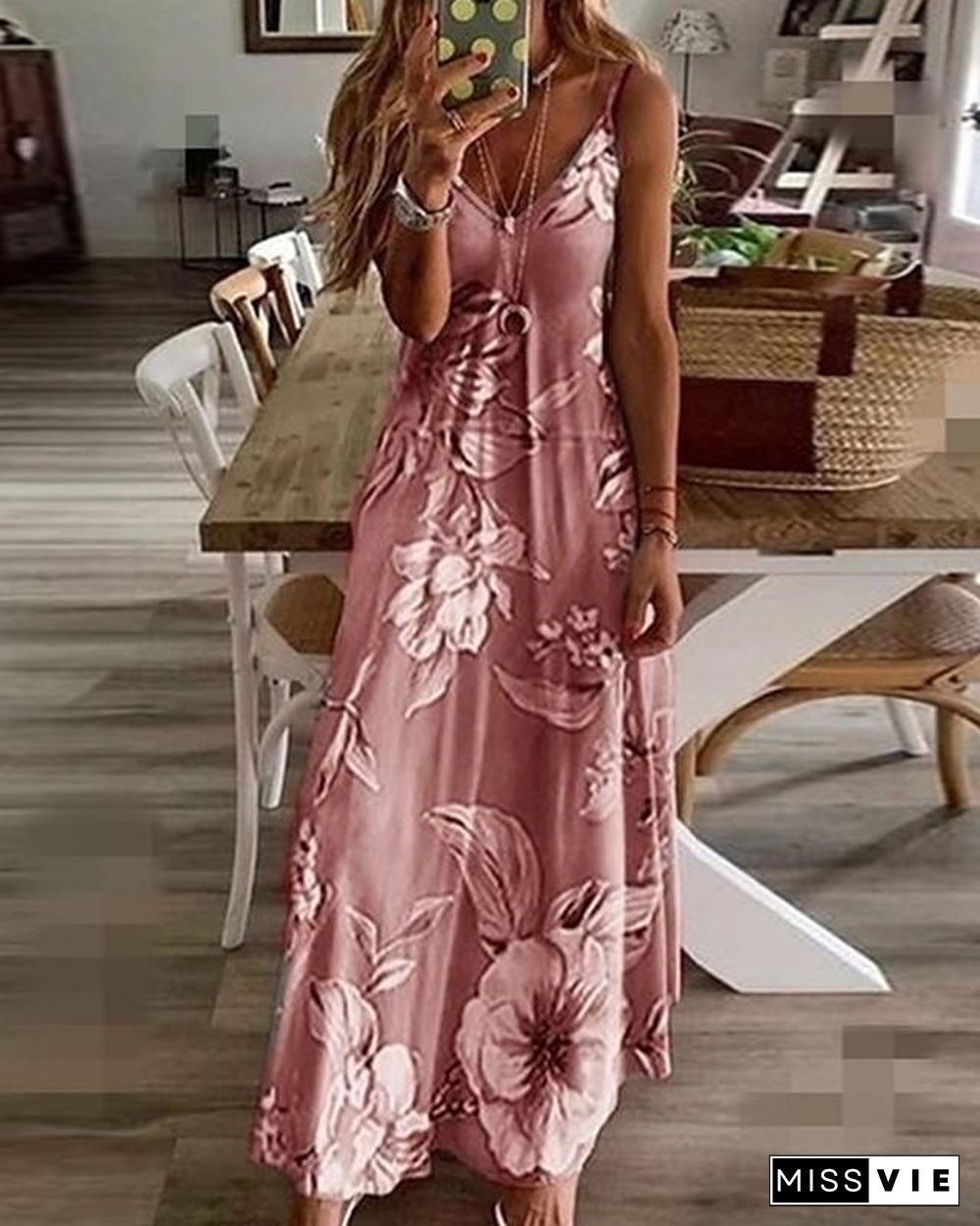 Women's Maxi long Dress - Sleeveless Floral Print Summer V Neck Hot Holiday Beach Slim  Fuchsia Sky Blue Light gray Light Green Light Blue Light Pink S M L XL XXL