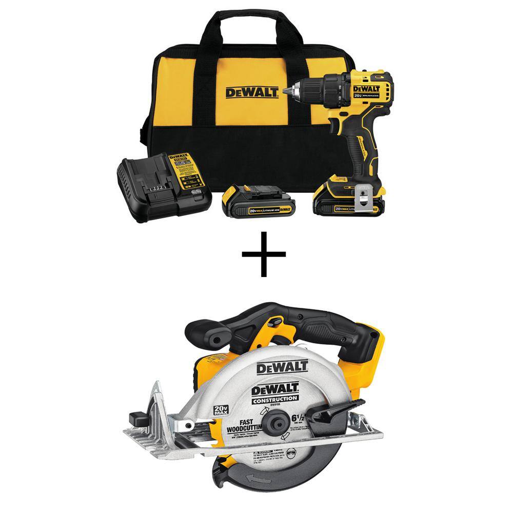 DW ATOMIC 20V MAX Cordless Brushless Compact 12 in. DrillDriver 6.5 in. Circular Saw and (2) 20V 1.3Ah Batteries DCD708C2WCS391B