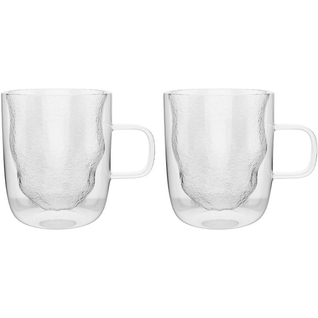 Elle Decor Set Of 2 Insulated Coffee Mugs 13 oz Double Wall Crushed Design Glasses Clear