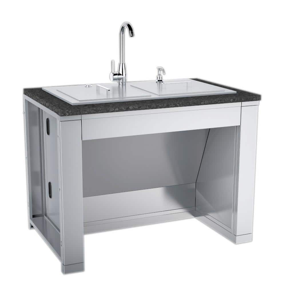 Sunstone 37 in. Stainless Steel Double Sink with Built-In Covers and Hot/Cold Faucet ADA Compliant ADASK37