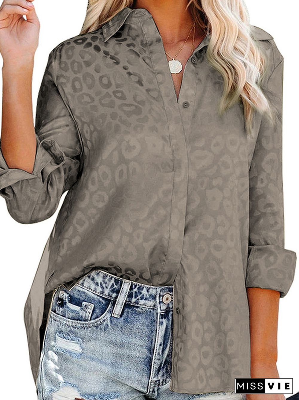 Long Sleeves Loose Buttoned Leopard Lapel Blouses&Shirts Tops