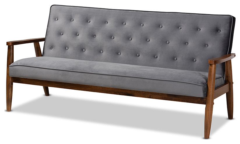 Sorrento Gray Velvet Fabric Upholstered Walnut Finished Wooden 3 seater Sofa   Midcentury   Sofas   by Skyline Decor  Houzz