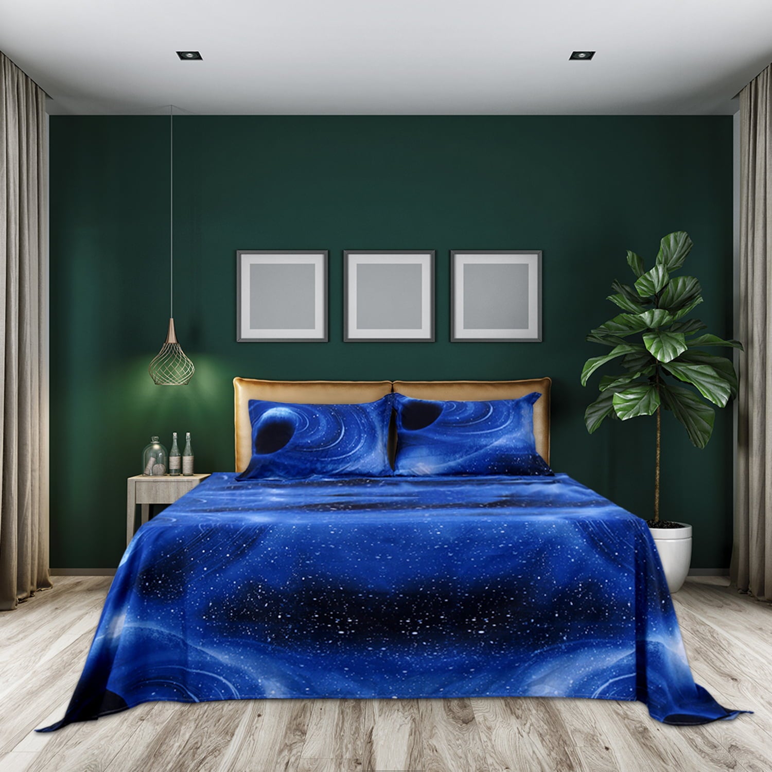 PiccoCasa Soft Polyester Galaxy Stars Themed Bed Sheet Set 3-Pieces， Blue Queen