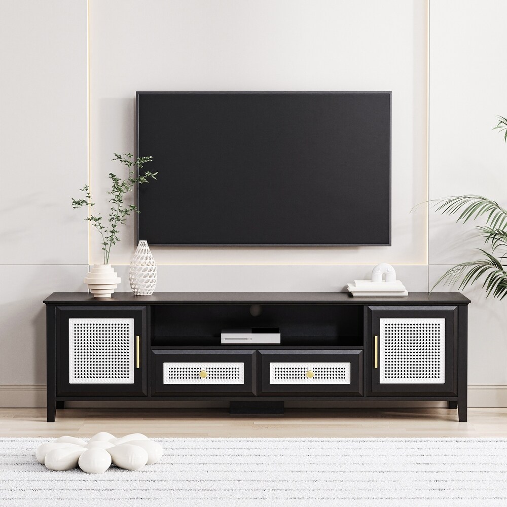 Rattan TV Stand Gold Metal Handles for Tvs Up to 65\