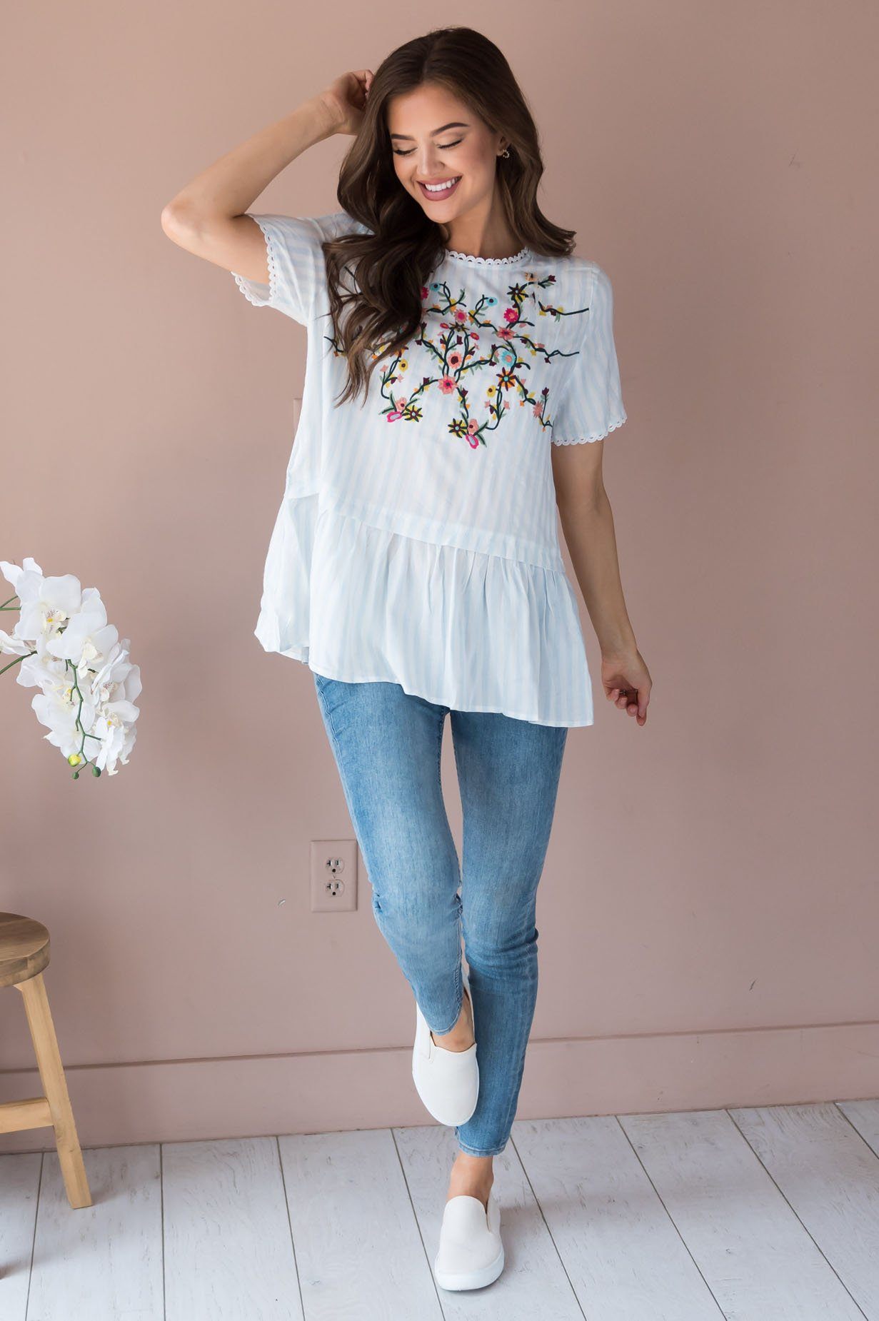 Stylish Stripes Modest Embroidered Blouse