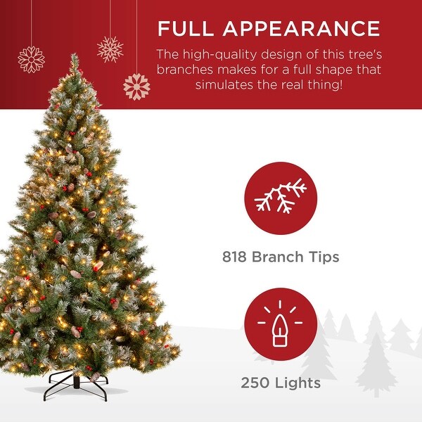 6Ft Prelit PreDecorated Pine Hinged Artificial Christmas Tree w/ 818 Flocked Frosted Tips，58 Pine Cones 58 Berries 250 Lights