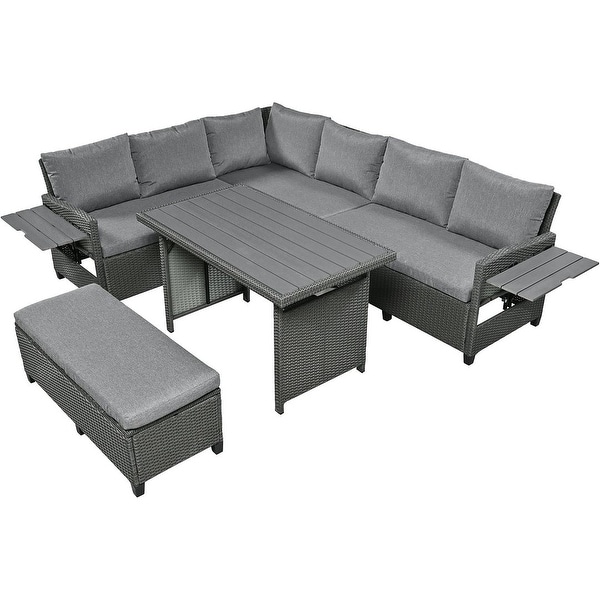 5 PCS L Shape Outdoor Patio Furniture，Rattan Sofa Set with Dining Table