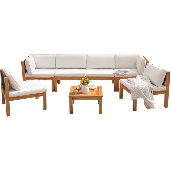 Furniwell 7Piece Outdoor Patio Furniture Sets Sectional Sofa Set Acacia Wood Set with Table ，Rattan sofa set