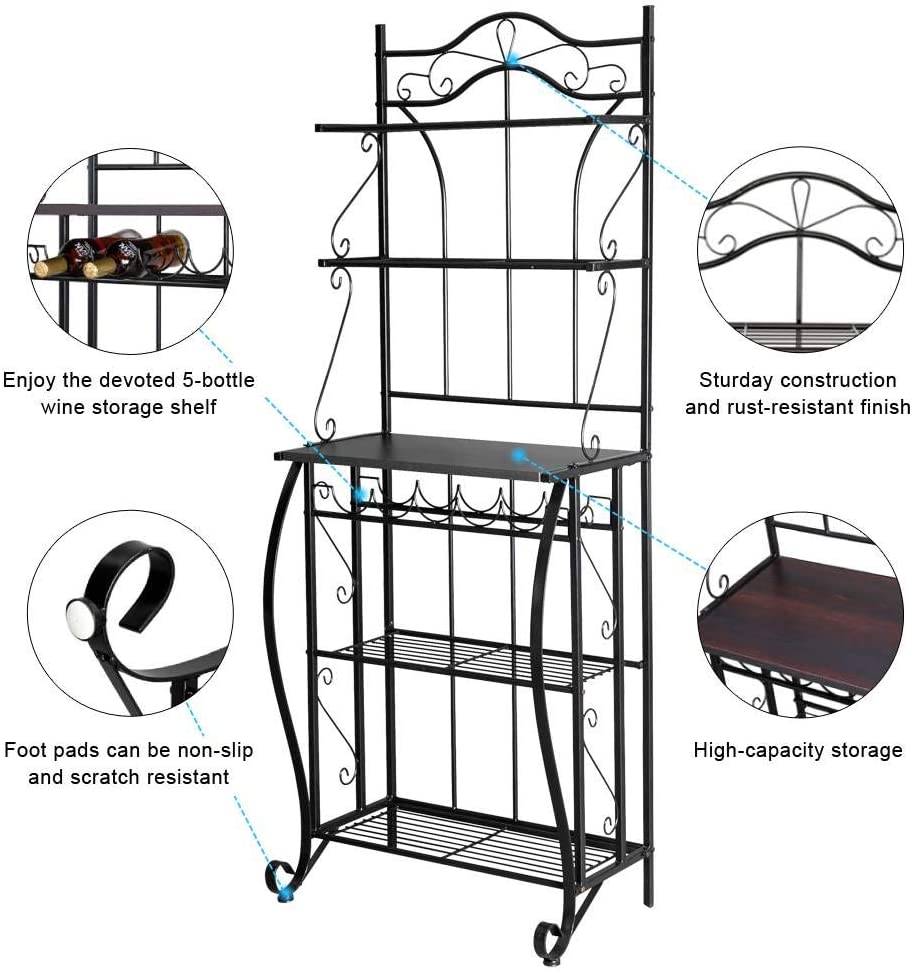 ROVSUN Upgrade Multiuse 5-Tier Metal Kitchen Bakers Rack ， Microwave Storage Rack Oven Stand with Wine Storage Organizer Workstation Black (25 x 16 x 68)