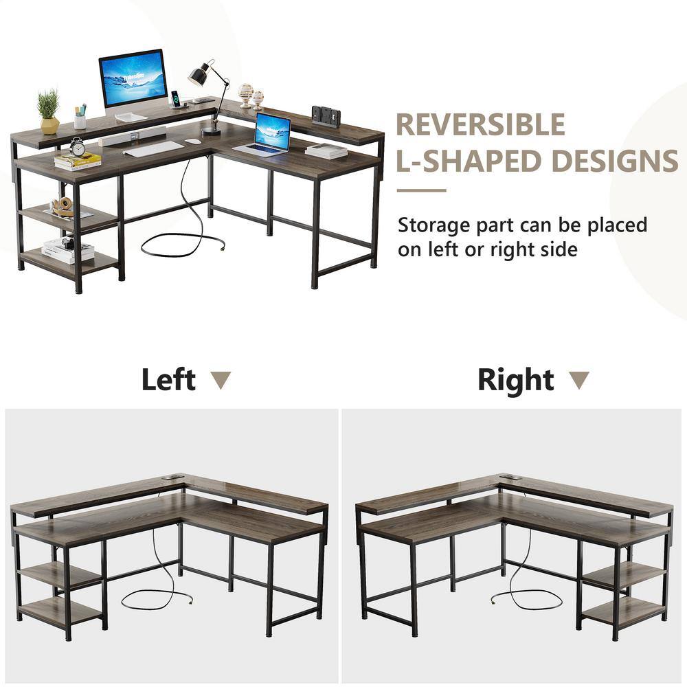 Tribesigns Lantz 59 in. L-Shaped Gray Wood Computer Desk with Power Outlets and Storage Shelves for Home Office TJHD-JW0450-HYF