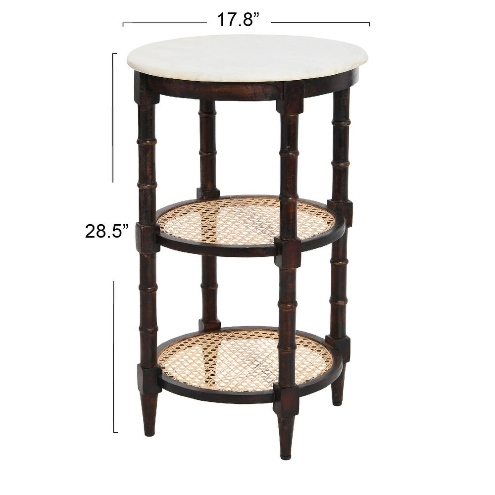 End Table with Genuine Marble Top and 2 Woven Cane Storage Shelves