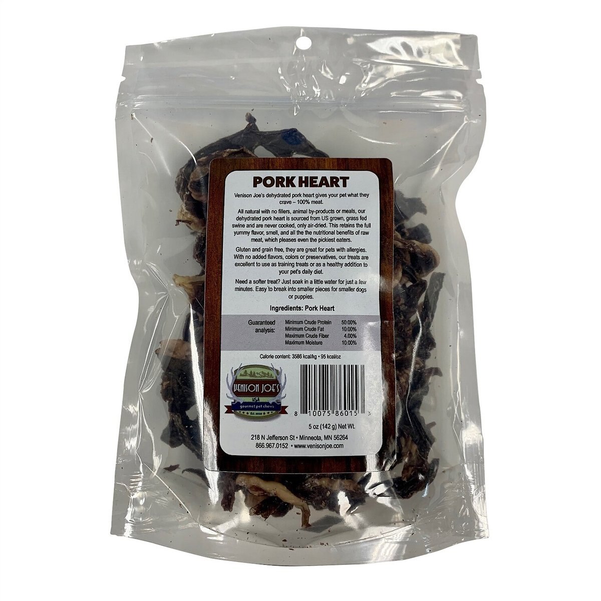 Venison Joe's Single Ingredient Pork Heart Dehydrated Dog Treat， 5-oz bag