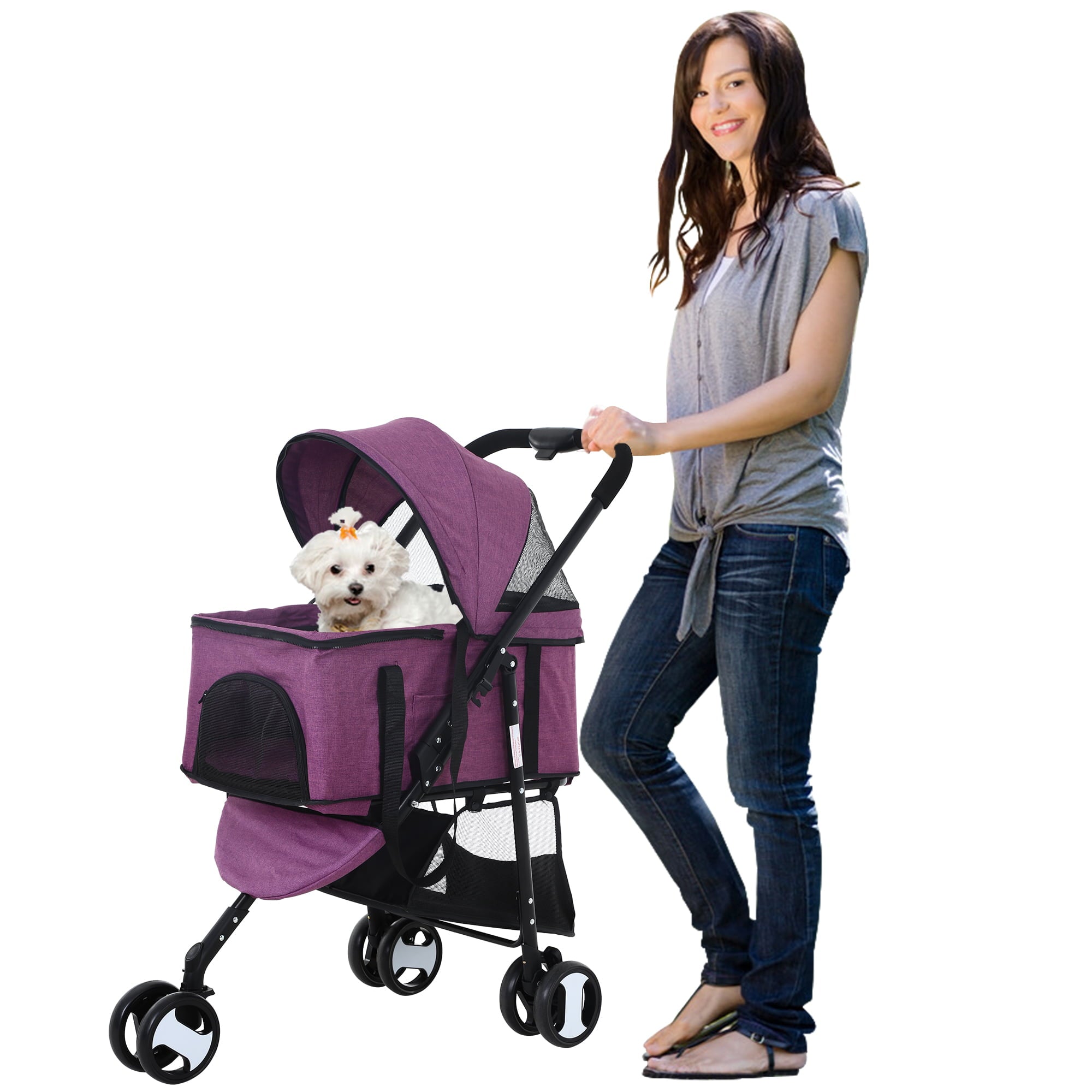 3 Wheels Dog Stroller Foldable Pet Stroller Cat Stroller with Storage Basket， 3-in-1 Lightweight Puppy Stroller for Travel (Purple)