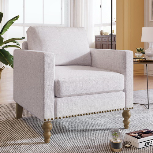 Classic Linen Armchair Accent Chair with Bronze Na...