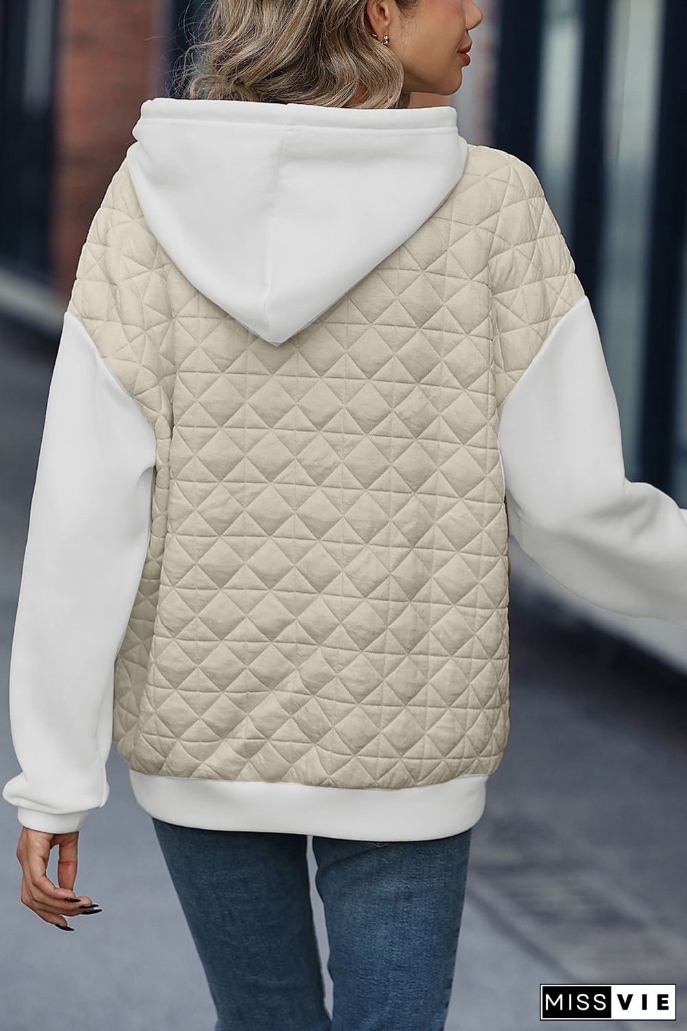 Drop Shoulder Quilted Patchwork Kangaroo Pocket Hoodie