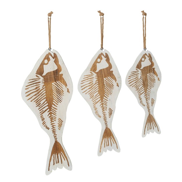 Set Of 3 Wood Fish Wall Decors With Hanging Rope White Olivia amp May