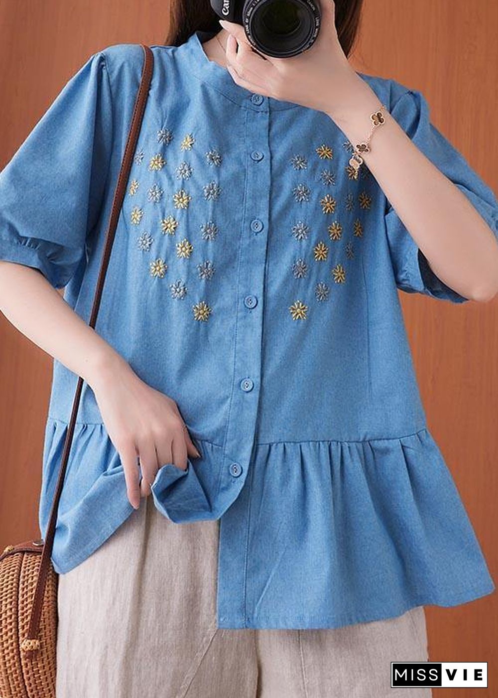 Women Blue Embroideried O-Neck Cotton Summer Shirts