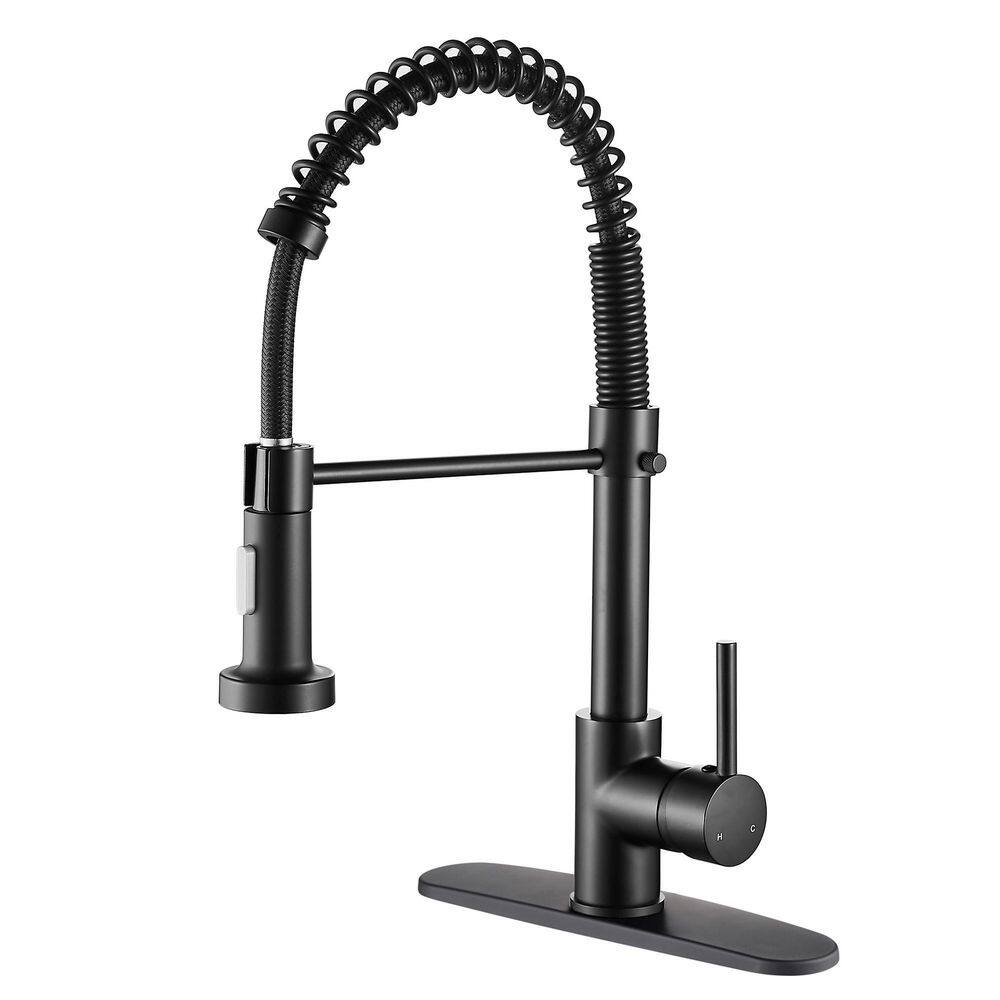 Heemli Spiral tube Single Handle Gooseneck Pull Out Sprayer Kitchen Faucet with Deckplate Included in Matte Black KBN0201MB