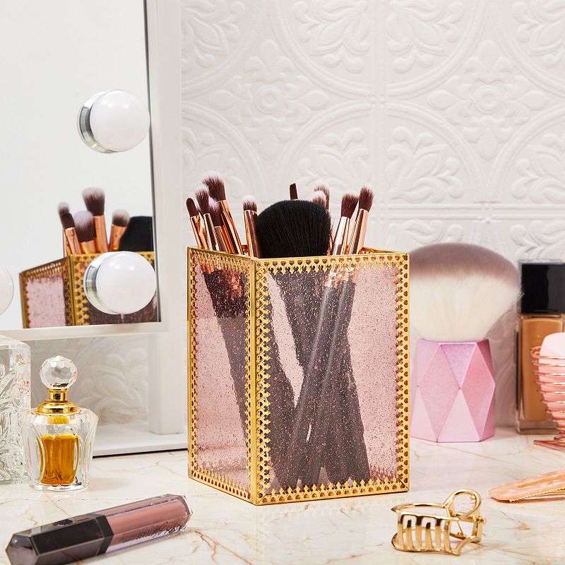 Gold Makeup Brush Holder for Vanity， Vintage Brass Frame and Pink Glass Storage Organizer