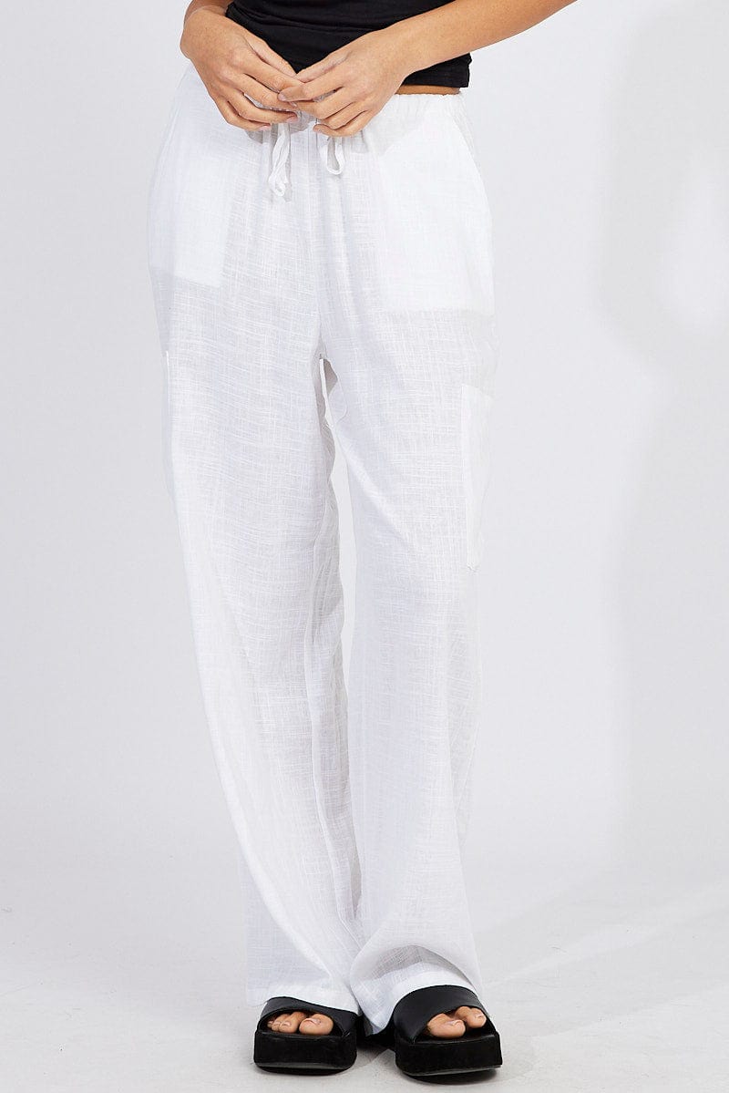 White Wide Leg Pants Mid Rise Linen Blend
