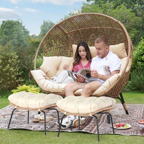 Nicesoul 2 Person Egg Chair with Ottoman Double Patio Outdoor Wicker Basket