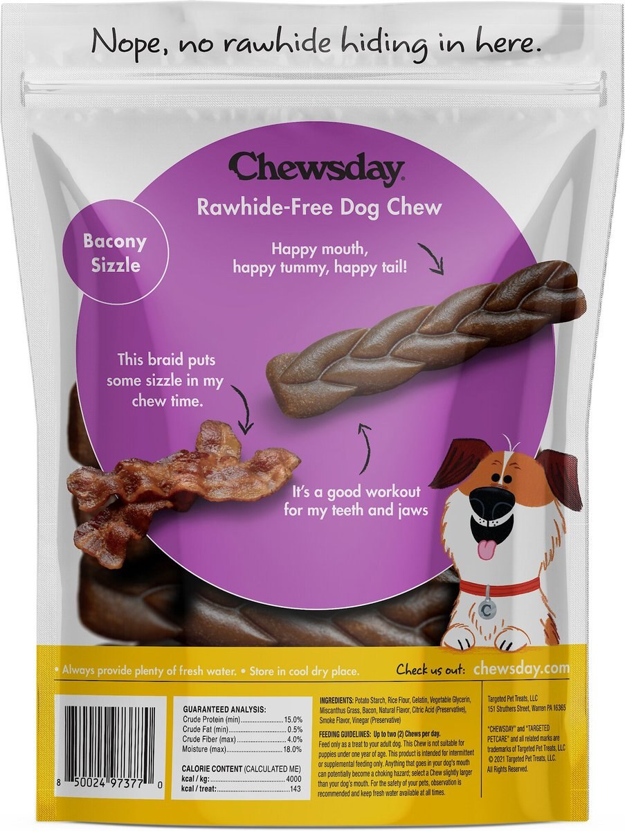 Chewsday Bacony Sizzle Chew Braids Rawhide-Free Dog Hard Chews， 7 count， Small