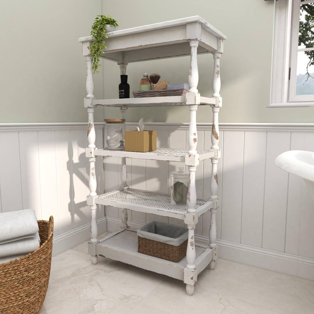 Litton Lane 5 Shelf Wood Stationary White Distressed Open Shelving Unit with Spindle Sides and Mesh 44419