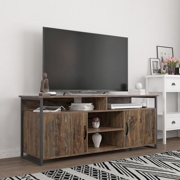 57'' Metal Frame Modern Wood Universal Media Console TV Stand with 3 Layer Open Shelves and 2 Metal Handled Storage Cabinet