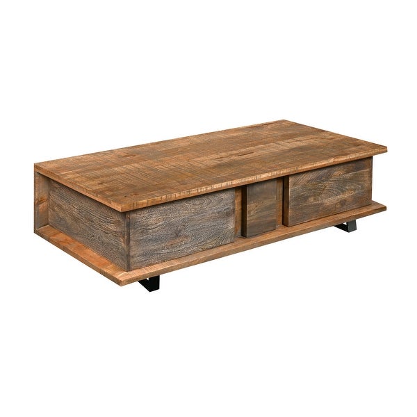 48 Inch Handcrafted Rectangular Coffee Table with 2 Drawers， Black Iron Sled Base， Rustic Natural Brown