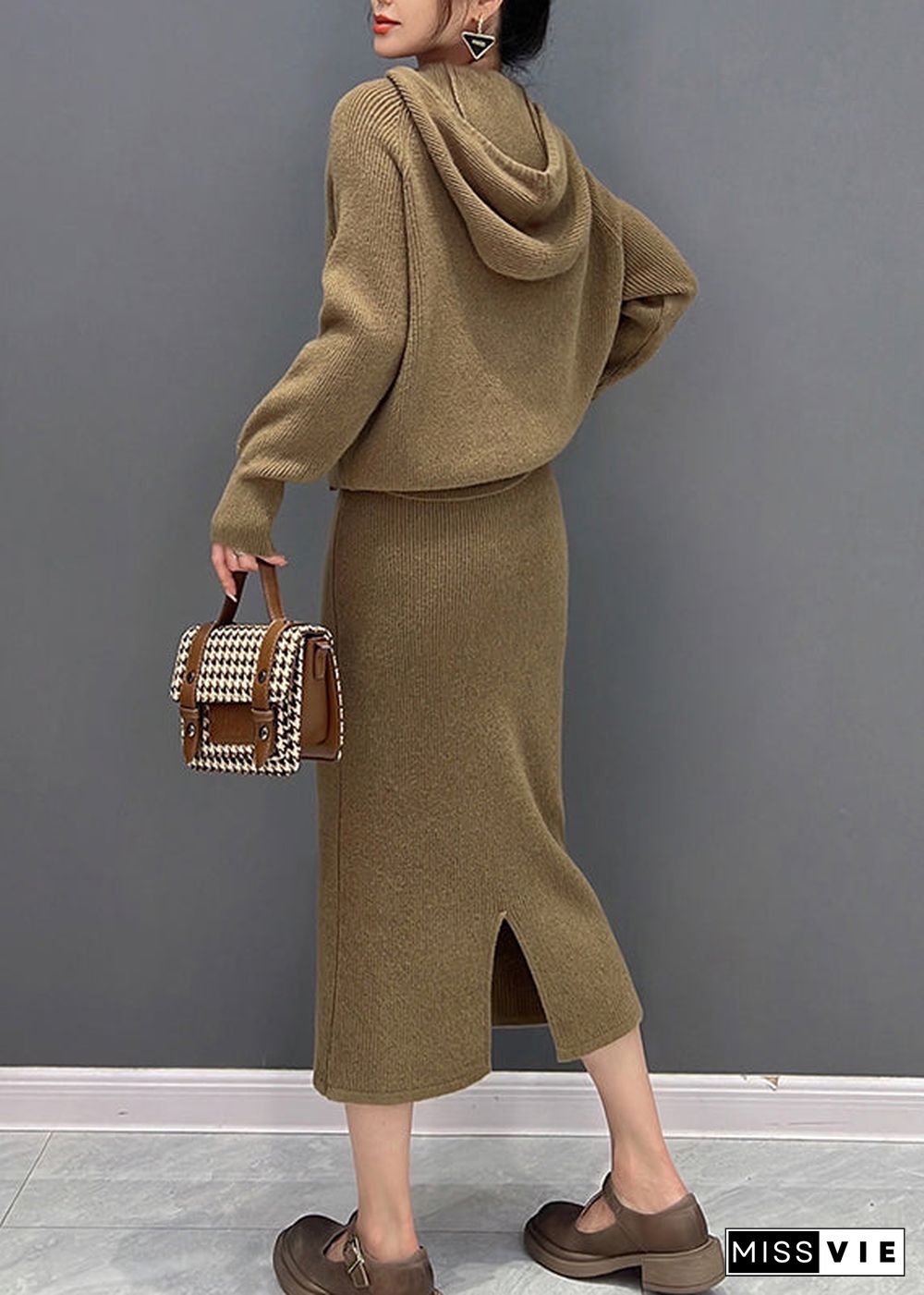 Casual Brown Zippered Hooded Knit Sweaters And Maxi Skirts Two Piece Set Winter