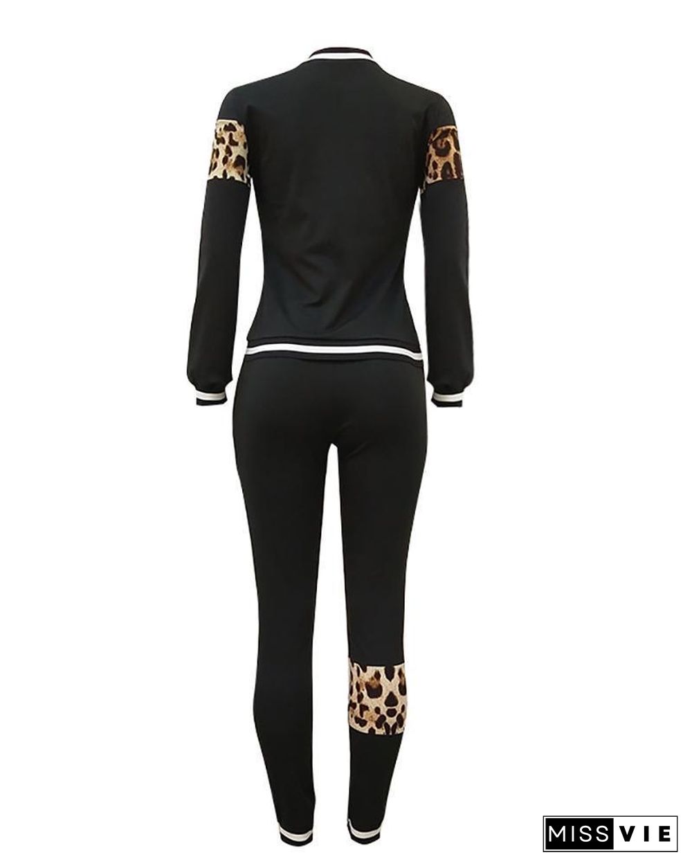 Solid Patchwork Leopard Long Sleeve Top & Pant Sets P15246