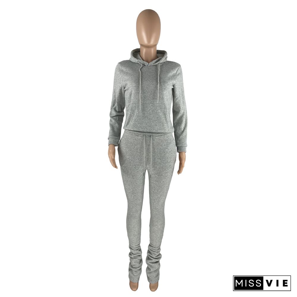 Hooded Sweatshirt Drawstring Stacked Pants Set