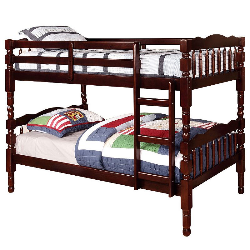 Traditional Bunk Bed with Attached Ladder and Turned Legs， Dark Brown