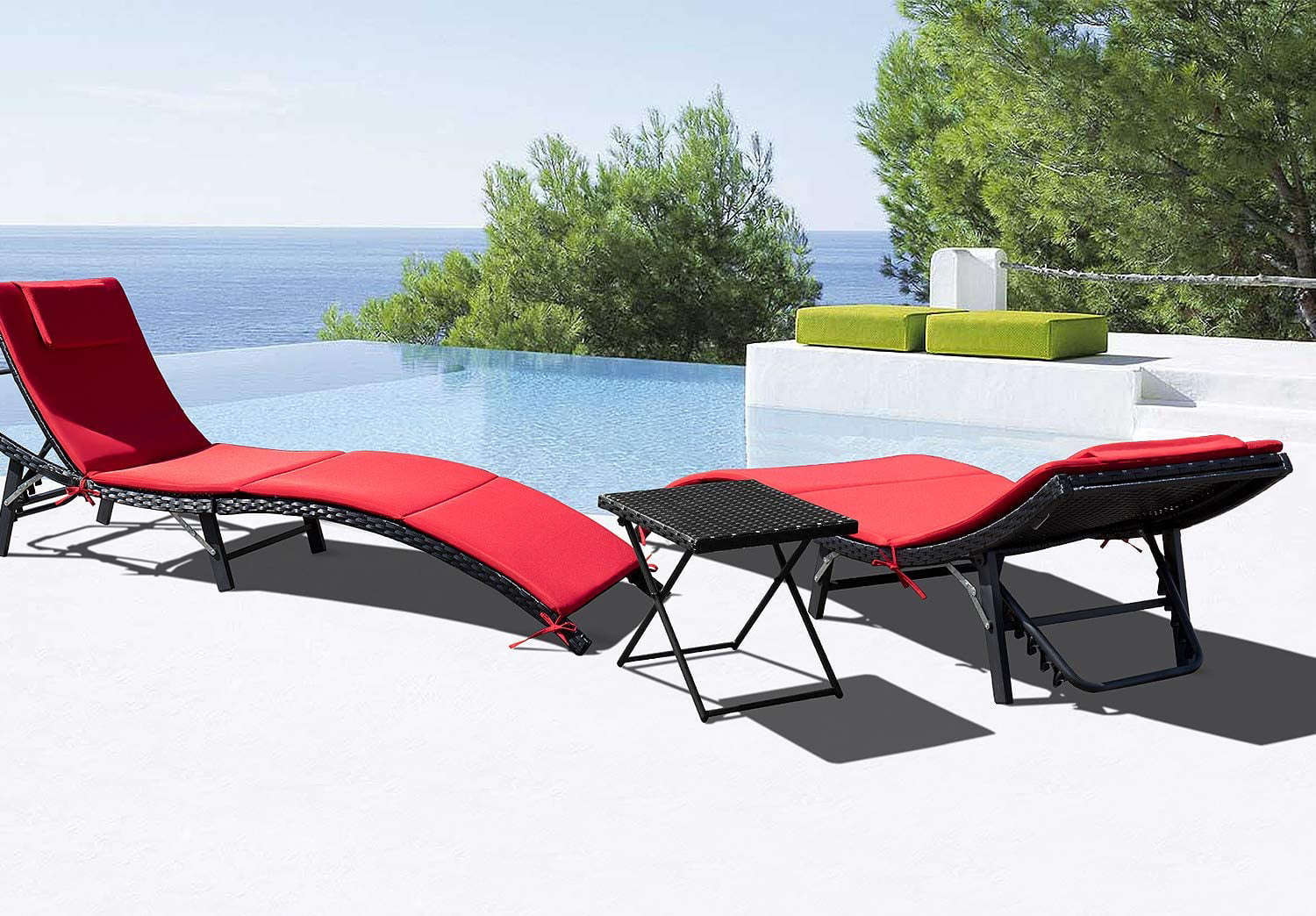 Lacoo 3 Pieces Patio Furniture Outdoor Patio Lounge Chair Adjustable Folding Lawn Poolside Chaise Lounge Chair PE Rattan Patio Seating with Folding Table and Red Cushion