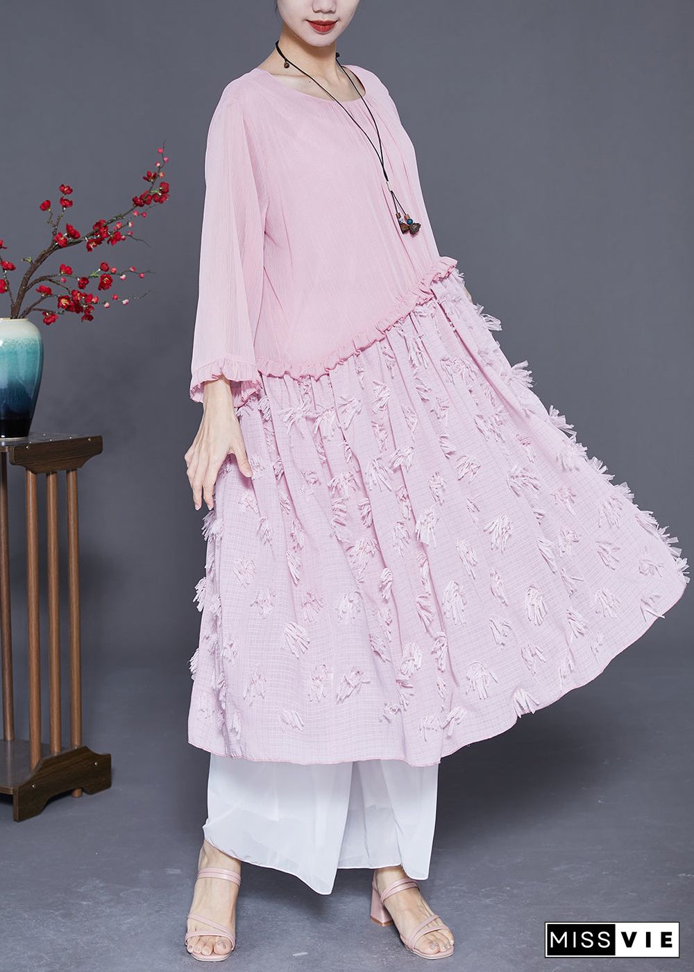 Style Pink Ruffled Patchwork Chiffon Long Dress Summer