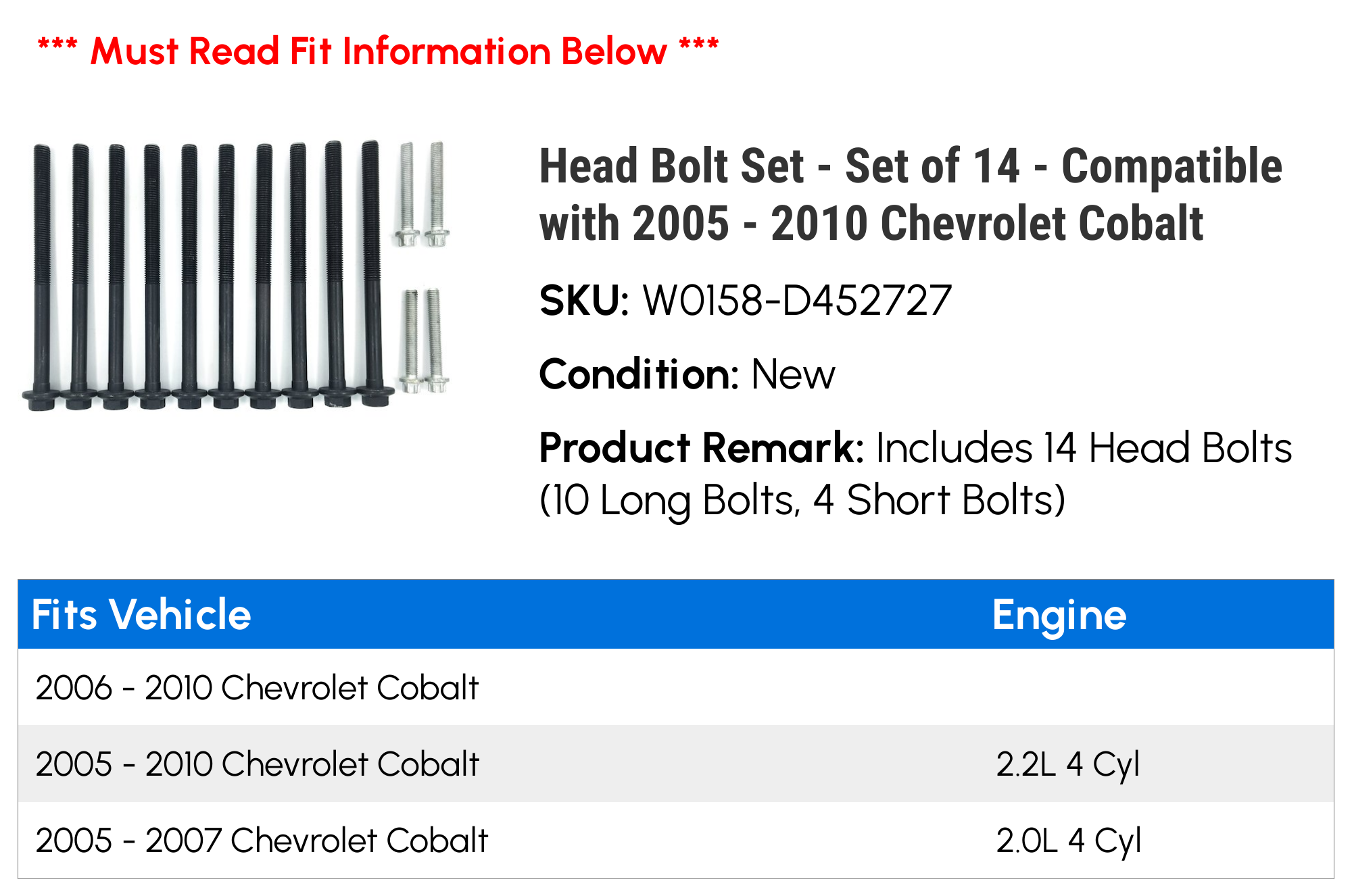 Head Bolt Set - Set of 14 - Compatible with 2005 - 2010 Chevy Cobalt 2006 2007 2008 2009