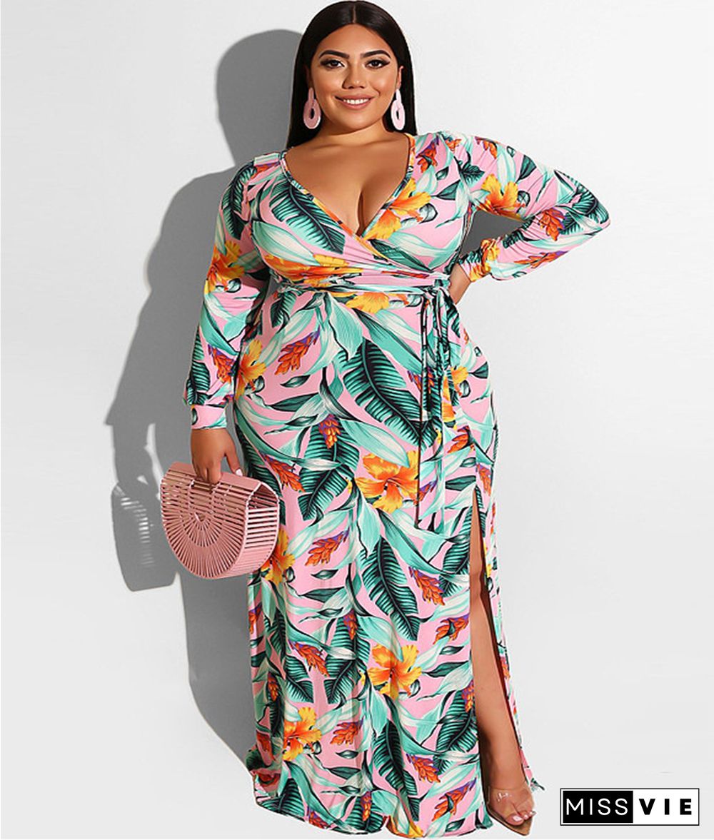 Sexy Deep V Printing Split Hem Plus Size Long Dress