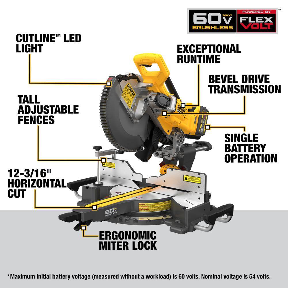 DW 60V Lithium-Ion 12 in. Cordless Sliding Miter Saw Kit with 9.0Ah Battery Pack DCS781X1