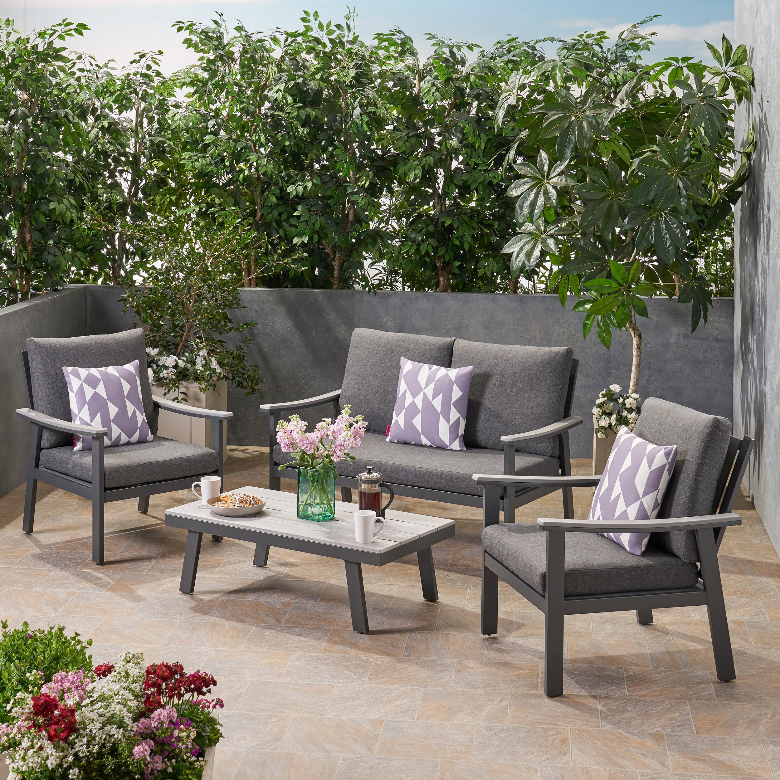 Mathias Outdoor 4 Piece Aluminum and Faux Wood Chat Set with Cushions