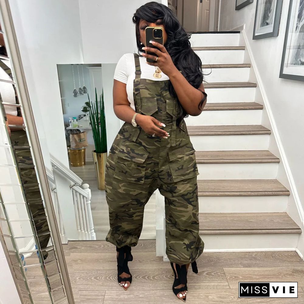 Camo Print High Waist Sleeveless Overalls Jumpsuit