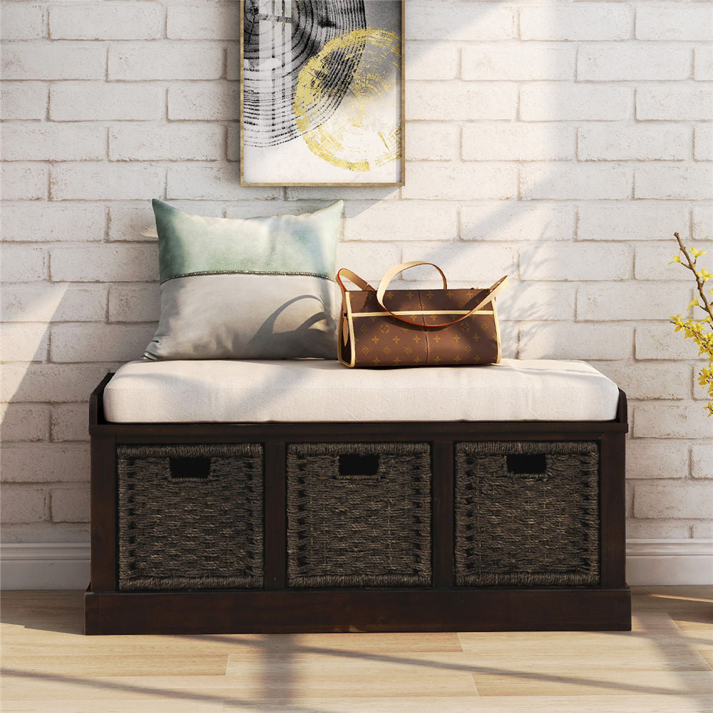 3 Cube Storage Bench Wooden Sofa Seat Bench with 3 Wicker Baskets Removable Cushion Organizer Storage Bench Ottoman for Hallway Bedroom Living Room No Assemble Needed Espresso