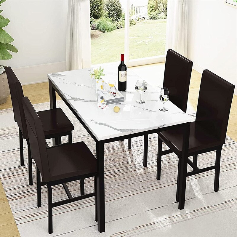 Mieres 5 Pieces Faux Marble Dining Table Set with 4 Upholstered PU Leather Chairs