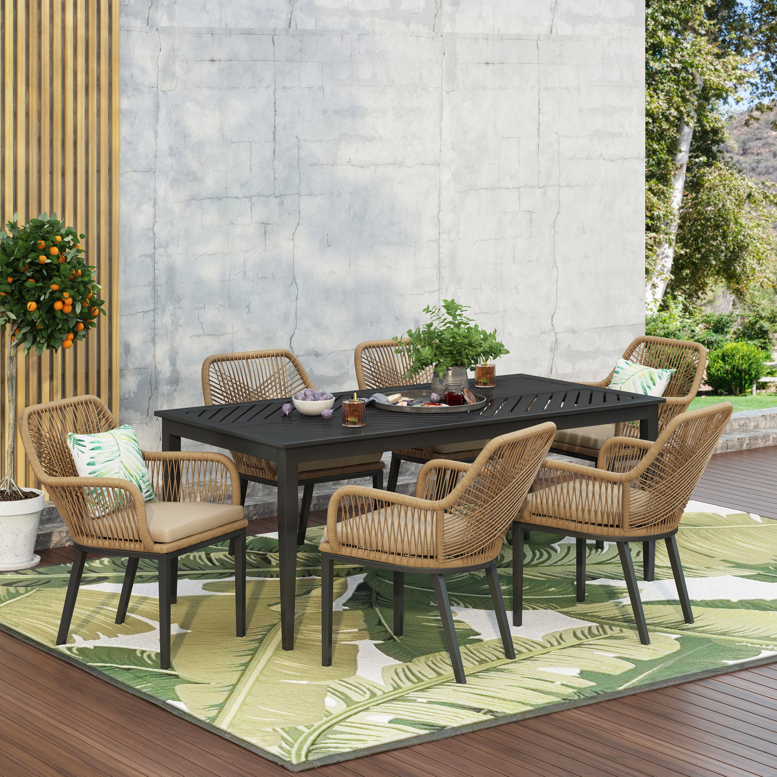 Fromberg Outdoor Wicker 7 Piece Dining Set with Cushion, Matte Black, Light Brown, and Beige