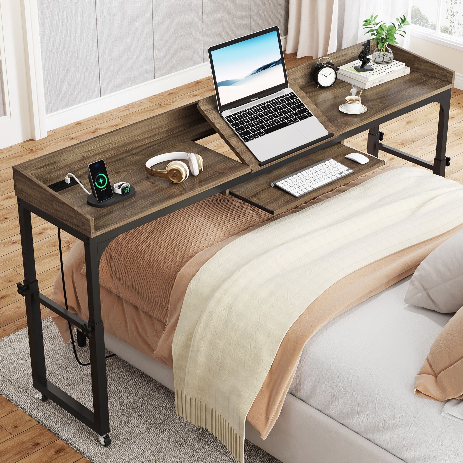 Height Adjustable Overbed Table with Wheels & Charging Station