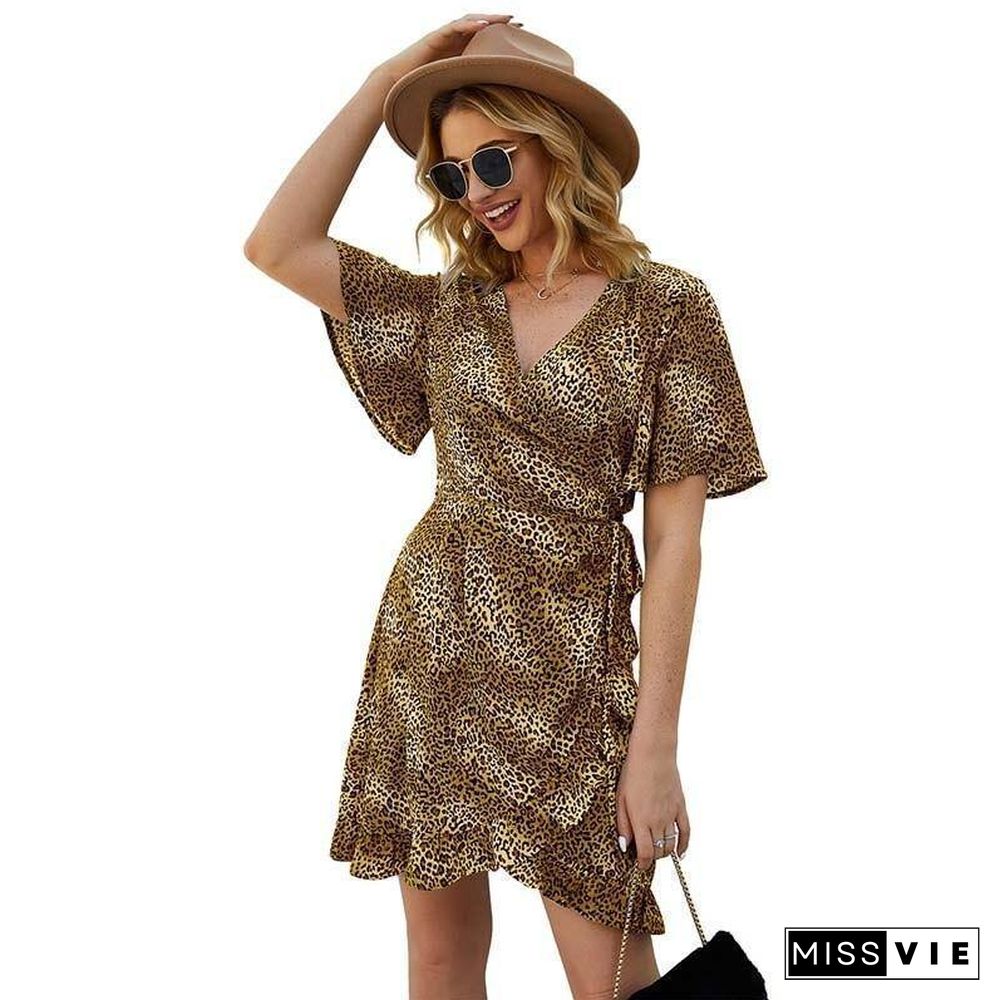 Summer Leopard Dress Women Short Party Dress Ladies Ruffles Slim Print Dress Female Beach Dress Sexy Mini Dresses for Women