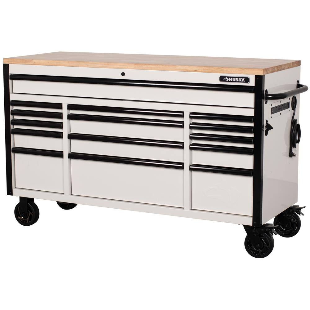 Husky 61 in. W x 23 in. D Heavy-Duty 15-Drawer Mobile Workbench Tool Chest with Solid Wood Top in White H61MWC15GWHD