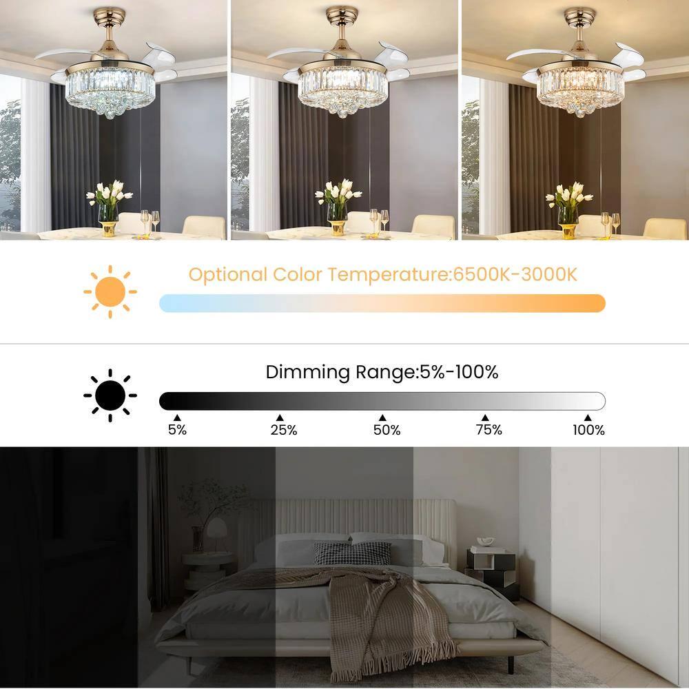 ANTOINE 36 in Integrated LED Indoor Gold Crystal Chandelier Retractable Blades Ceiling Fan with Light and Remote